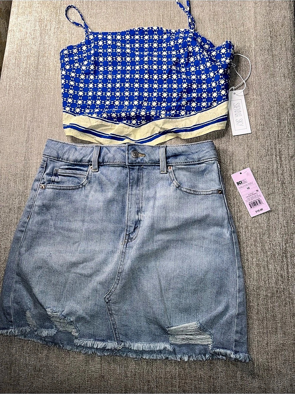 Blue Geometric Crop Top Size Large Jean Skirt Size 10 NWT